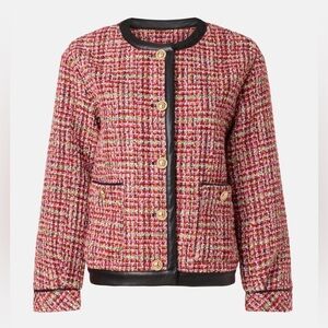 English Factory Faux Leather Trim Tweed Blazer Jacket Size Small